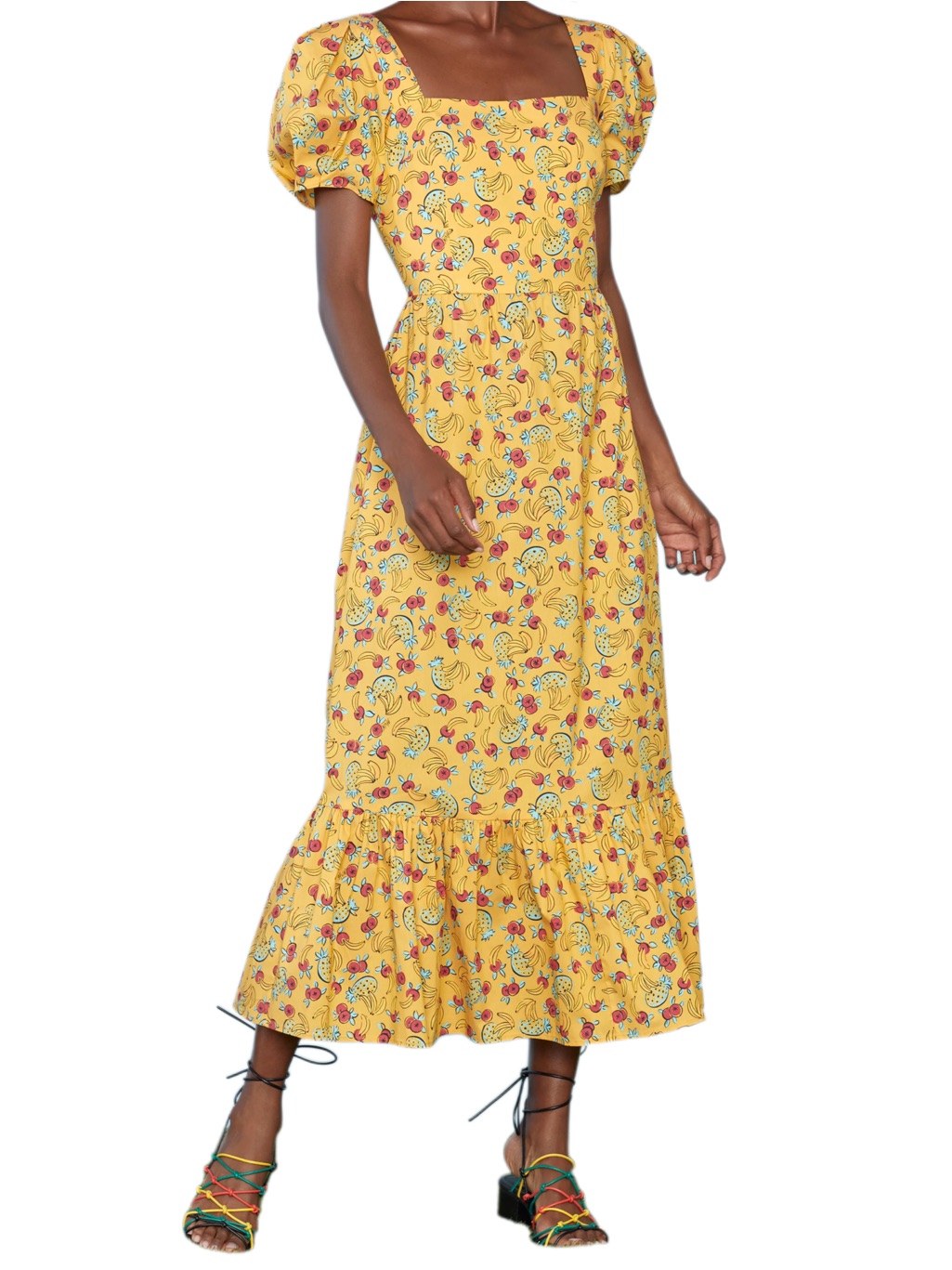 Hvn Fromer Fruit Print Puffed Sleeves Midi Dress